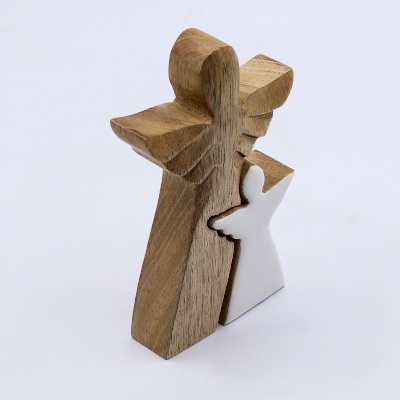 Anioł z Drewna Mango z Małym Aniołem - Biała Emalia - 15 cm