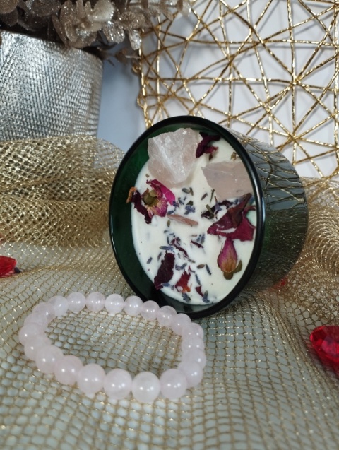 Zestaw upominkowy- świeca sojowa kochanków + bransoletka z kamieniami kwarcu różowego