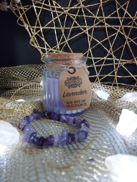 Zestaw upominkowy - świeczka sojowa lawendowa + bransoletka z ametystem